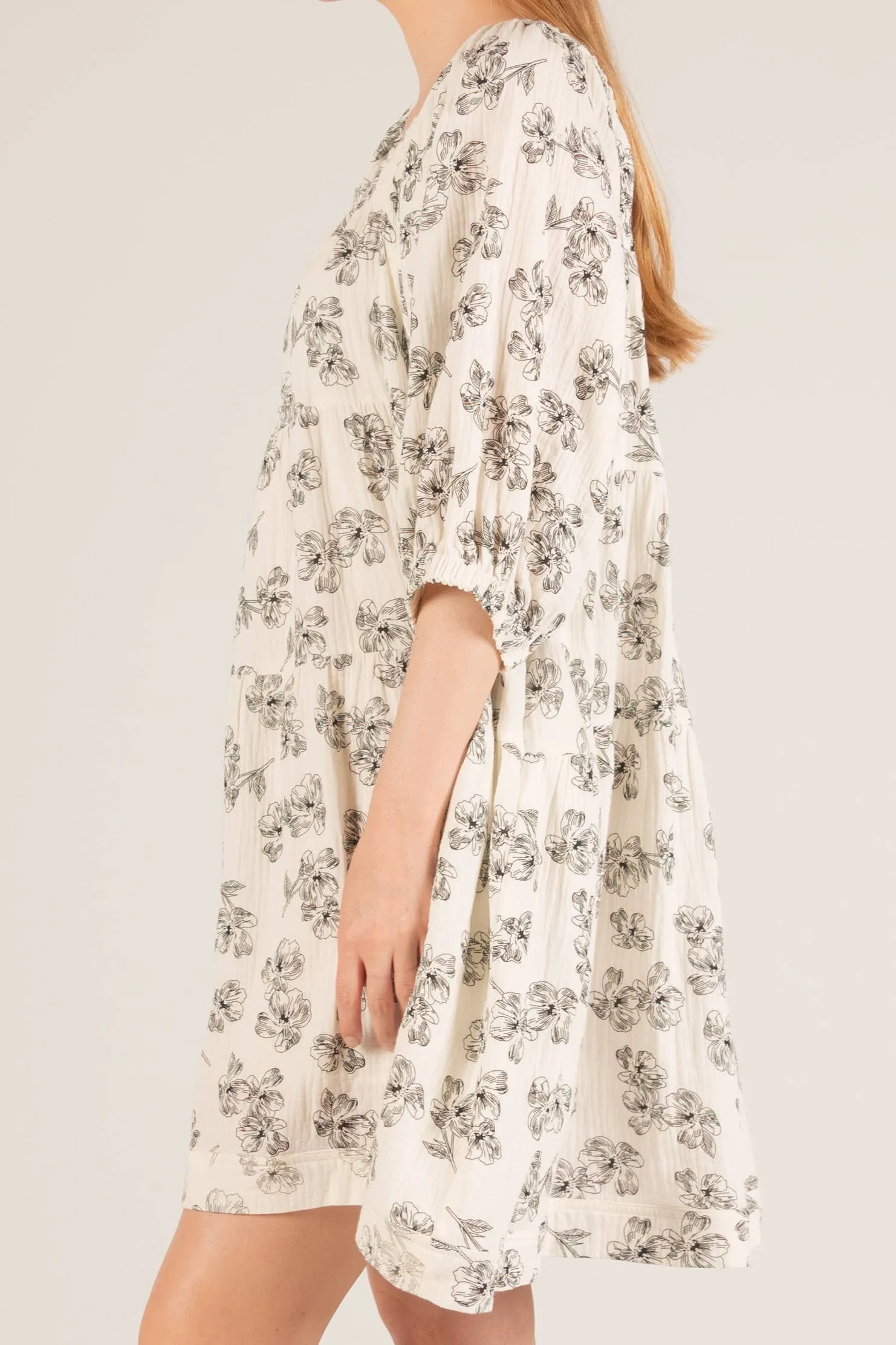 3-Ply Gauze Floral Print Gauze Tiered Mini Dress