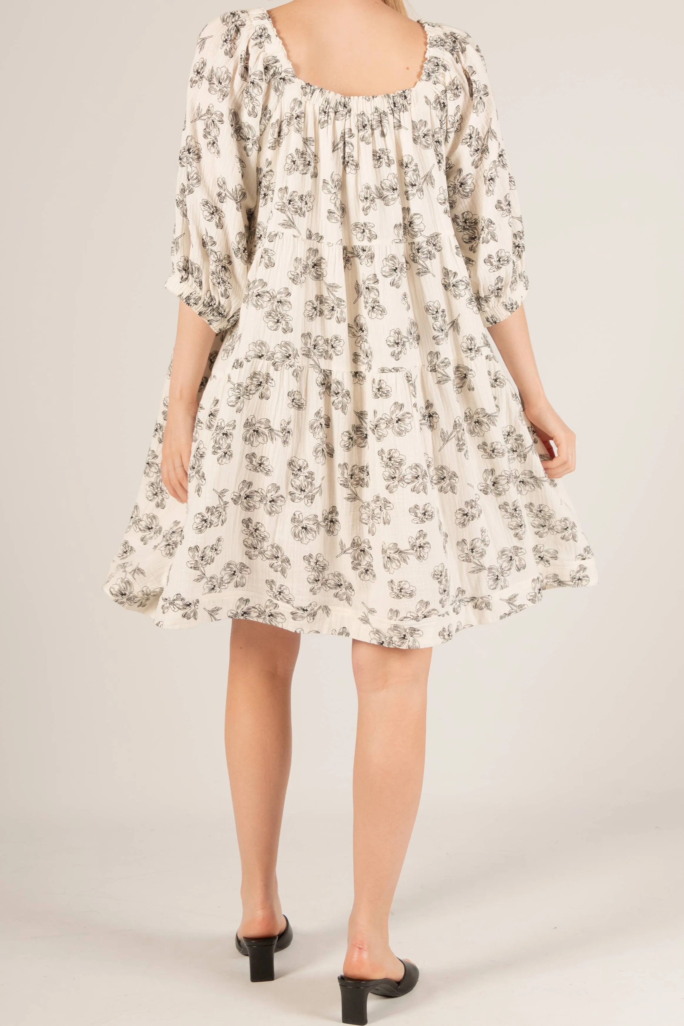 3-Ply Gauze Floral Print Gauze Tiered Mini Dress