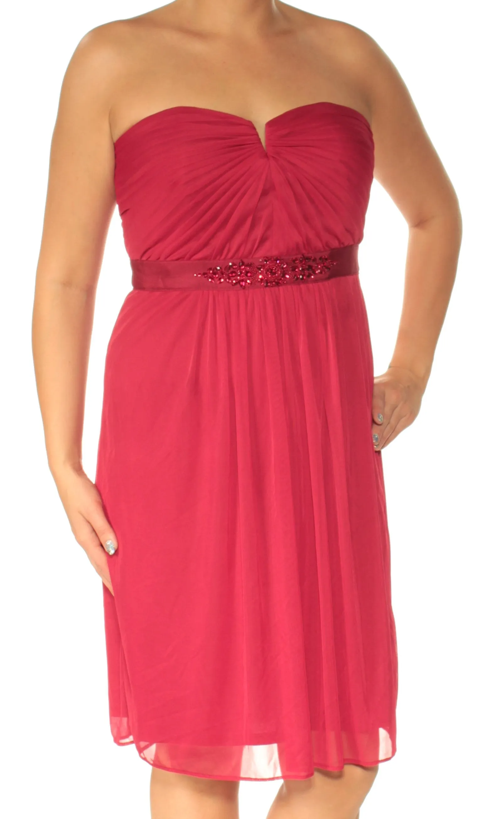 ADRIANNA PAPELL Womens Embellished Ruched Sleeveless Strapless Evening Dress