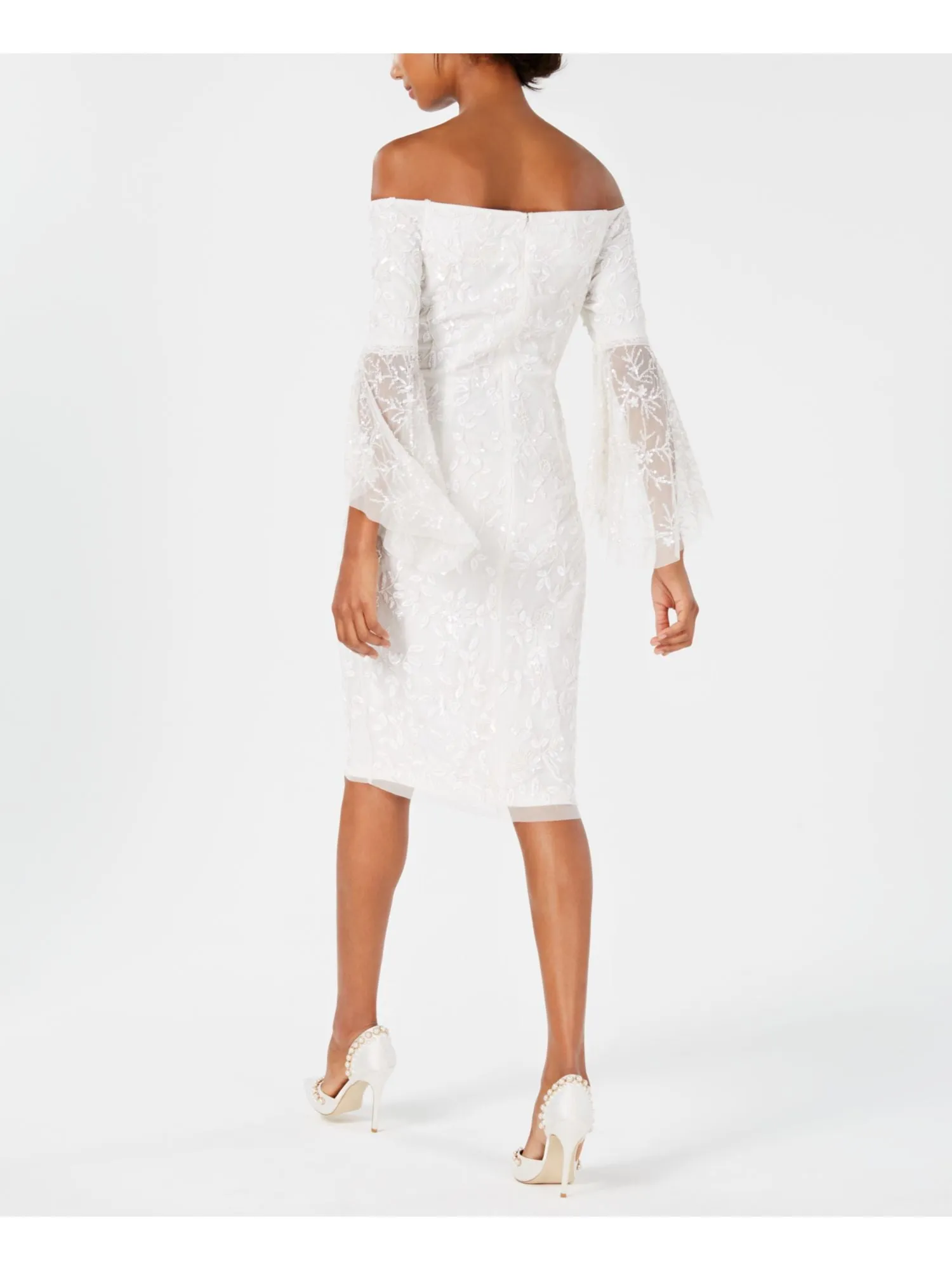 ADRIANNA PAPELL Womens Ivory Embellished Lace Bell Sleeve Off Shoulder Knee Length Formal Sheath Dress