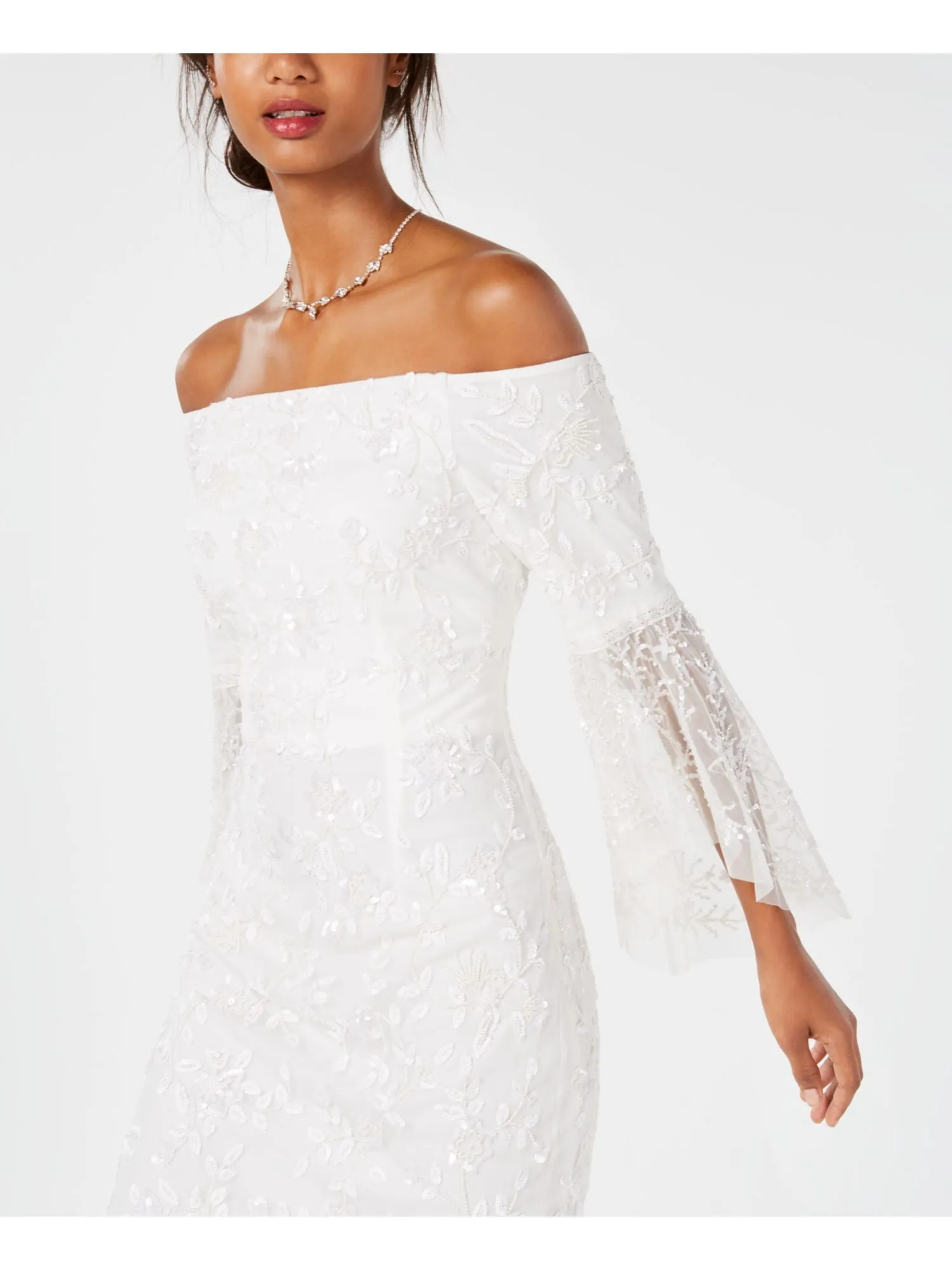 ADRIANNA PAPELL Womens Ivory Embellished Lace Bell Sleeve Off Shoulder Knee Length Formal Sheath Dress