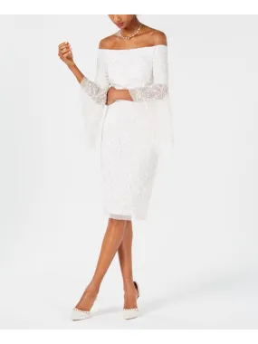 ADRIANNA PAPELL Womens Ivory Embellished Lace Bell Sleeve Off Shoulder Knee Length Formal Sheath Dress