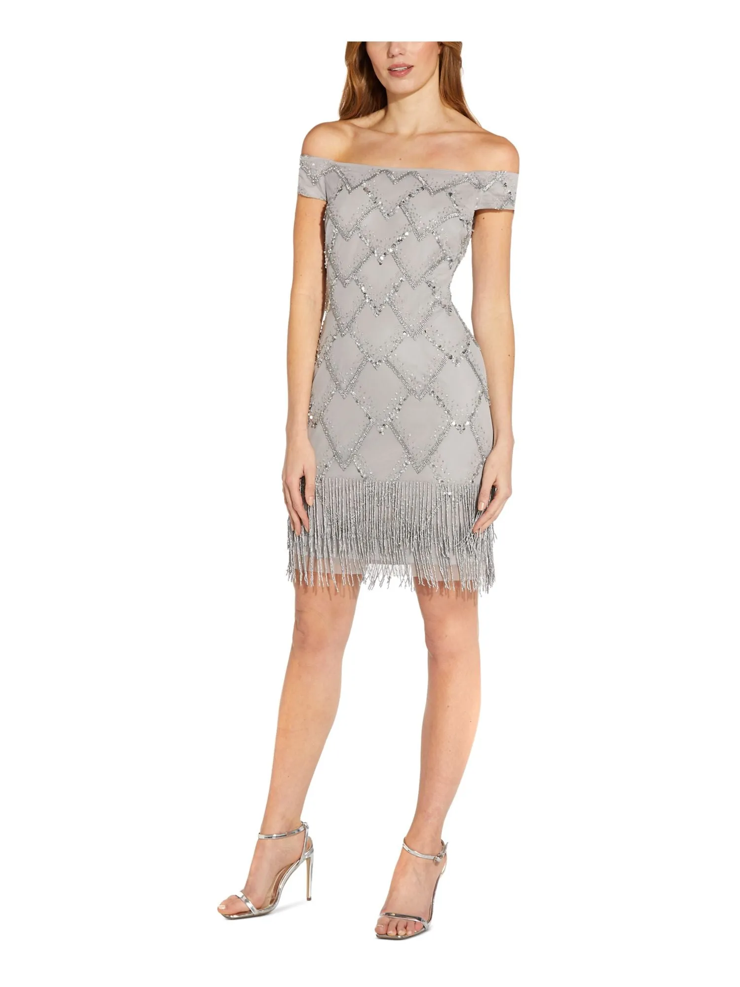 ADRIANNA PAPELL Womens Silver Zippered Sequined Fringe At Hem Lined Off Shoulder Above The Knee Party Sheath Dress