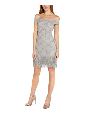 ADRIANNA PAPELL Womens Silver Zippered Sequined Fringe At Hem Lined Off Shoulder Above The Knee Party Sheath Dress