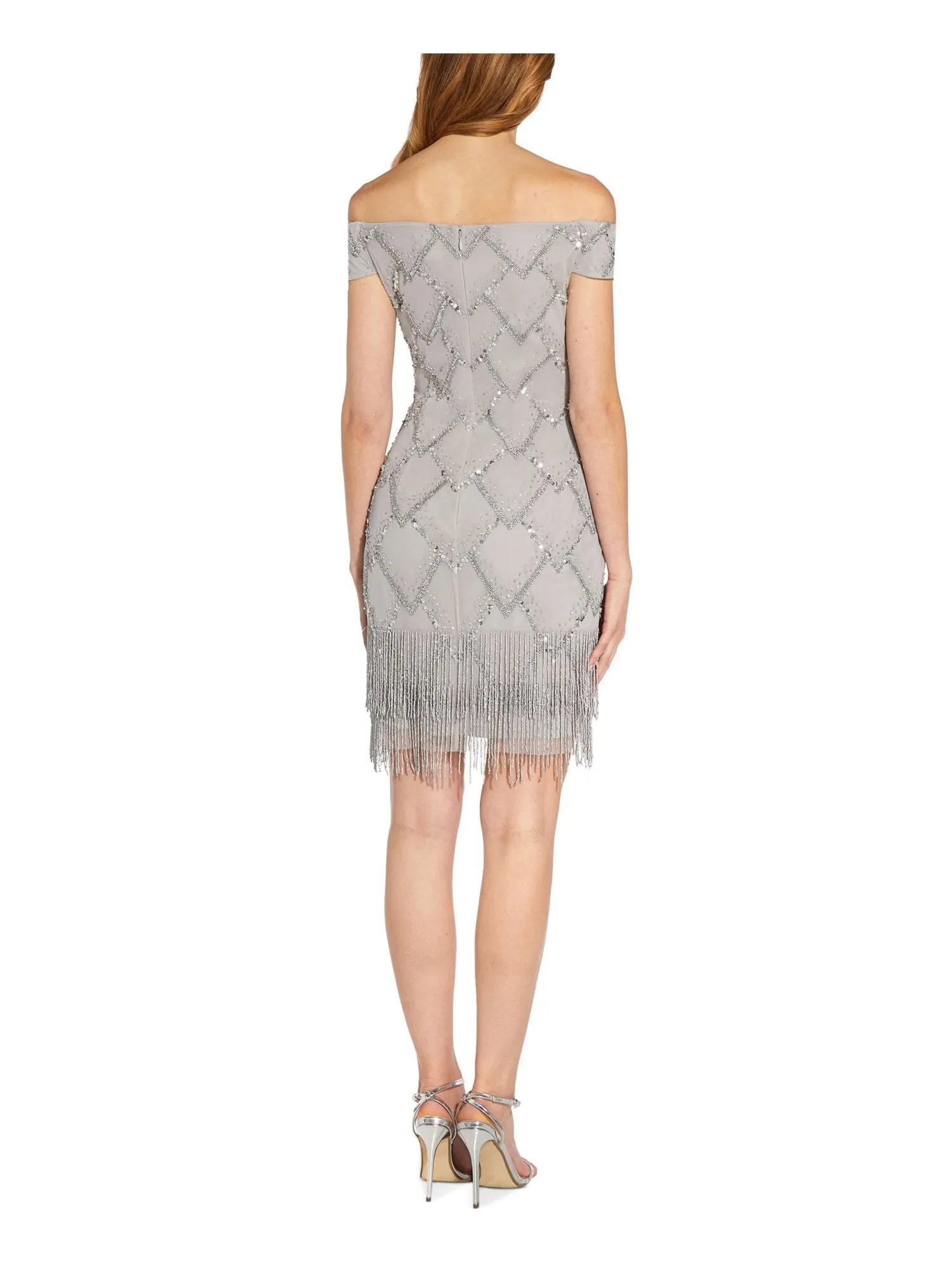 ADRIANNA PAPELL Womens Silver Zippered Sequined Fringe At Hem Lined Off Shoulder Above The Knee Party Sheath Dress