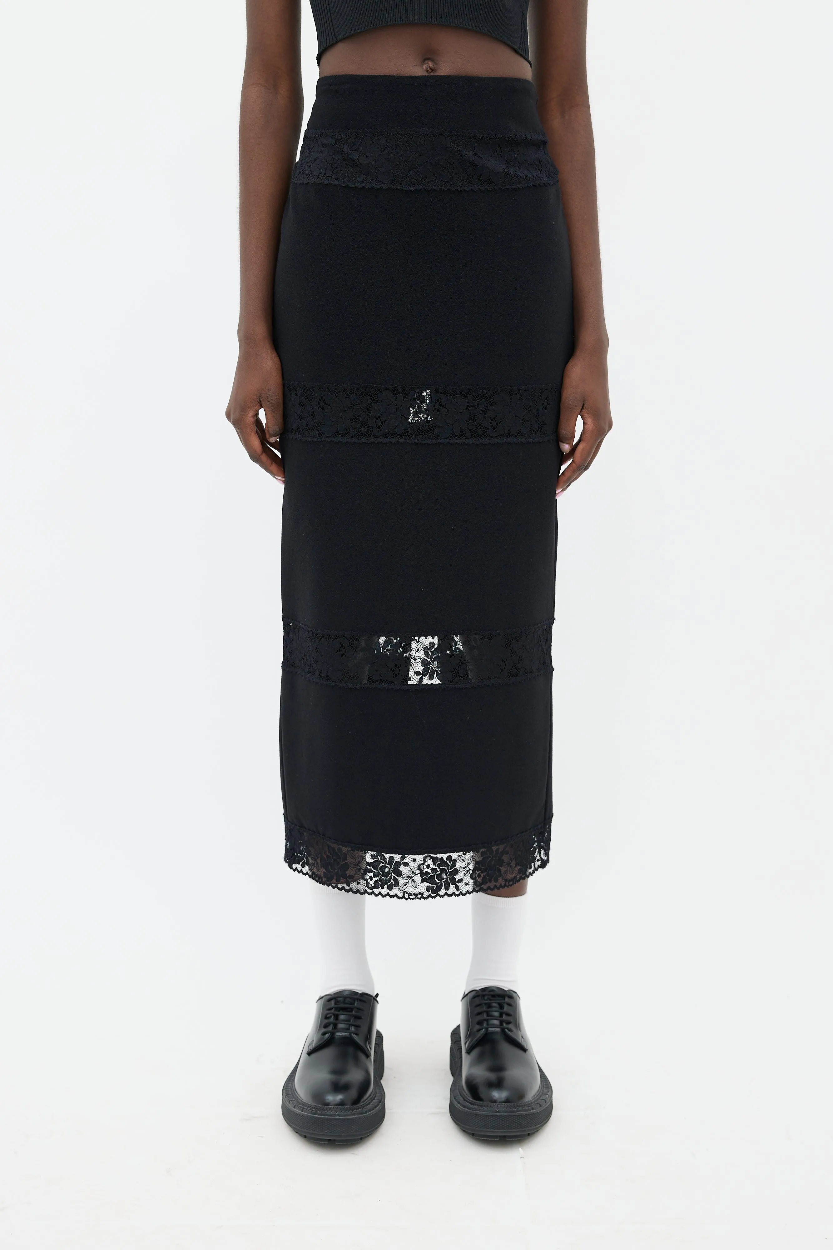 Black Lace Cut-Out Midi Skirt