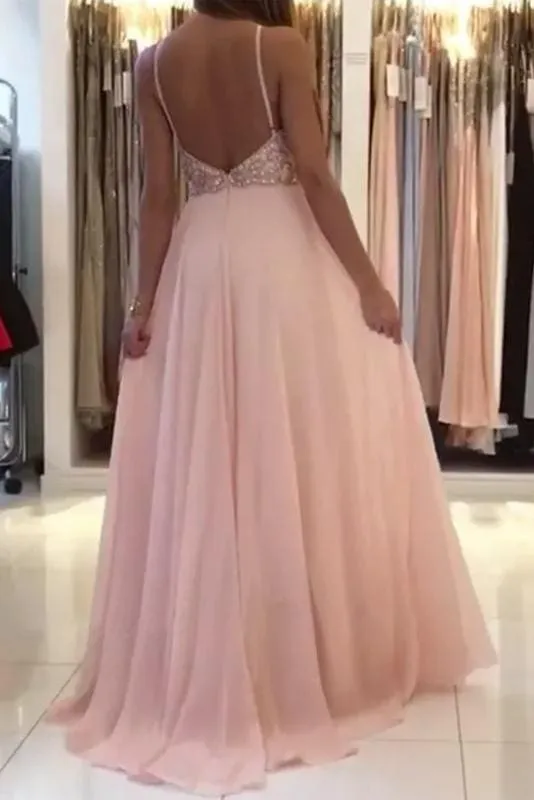 Blush Pink Chiffon Prom with Beading Rhinstone Flowy Backless Graduation Dress