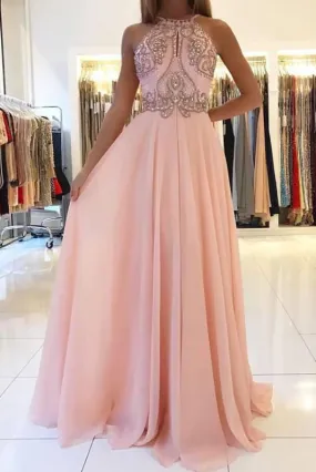 Blush Pink Chiffon Prom with Beading Rhinstone Flowy Backless Graduation Dress