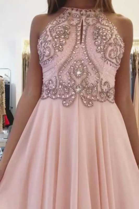 Blush Pink Chiffon Prom with Beading Rhinstone Flowy Backless Graduation Dress