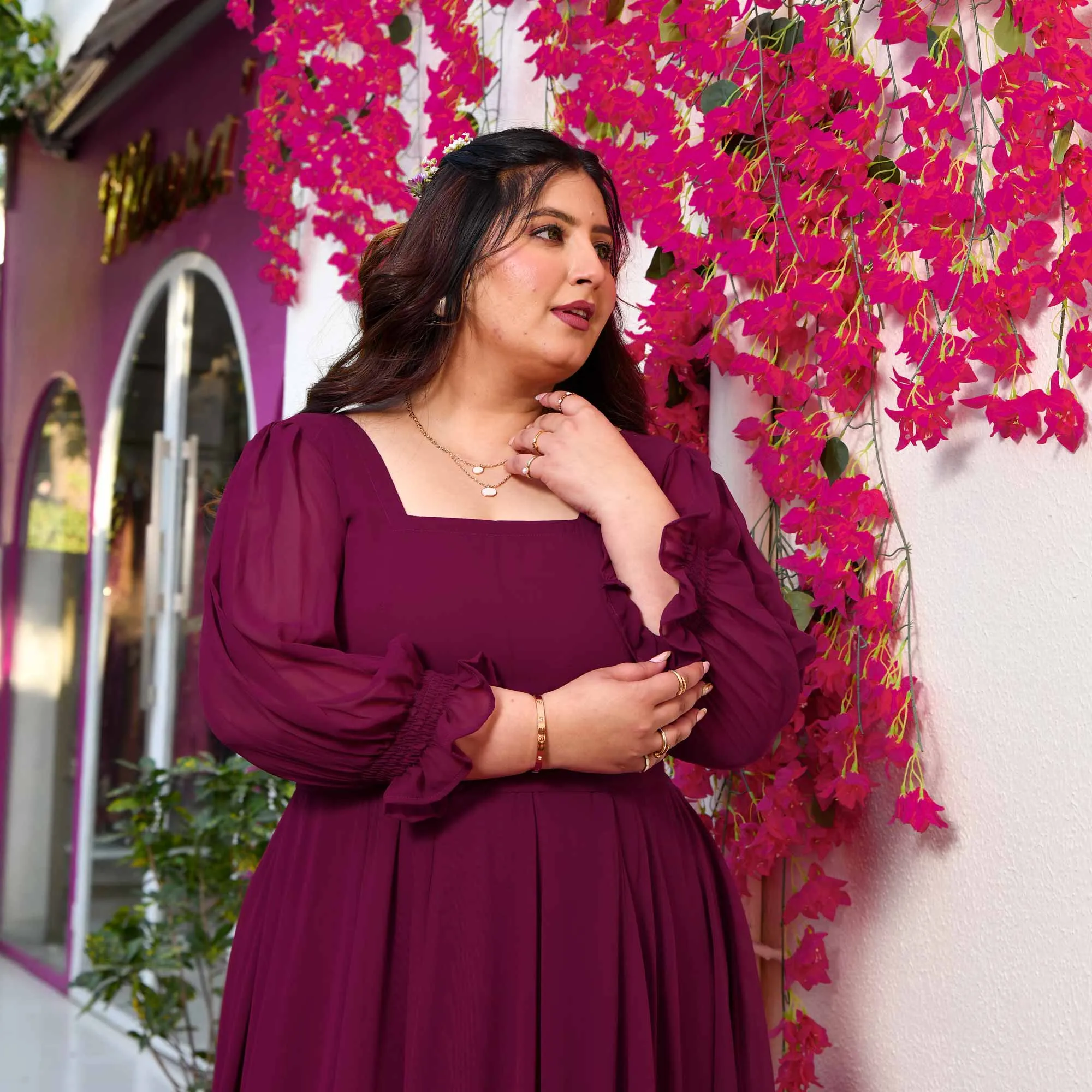 Bulgarian Rose- Deep Wine Flowy Georgette Dress