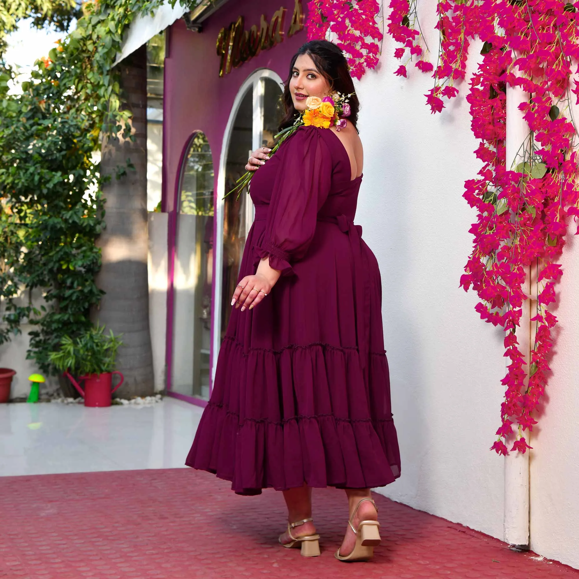 Bulgarian Rose- Deep Wine Flowy Georgette Dress