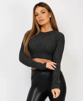 Charcoal Grey Twist Pattern Cropped Knitted Sweater
