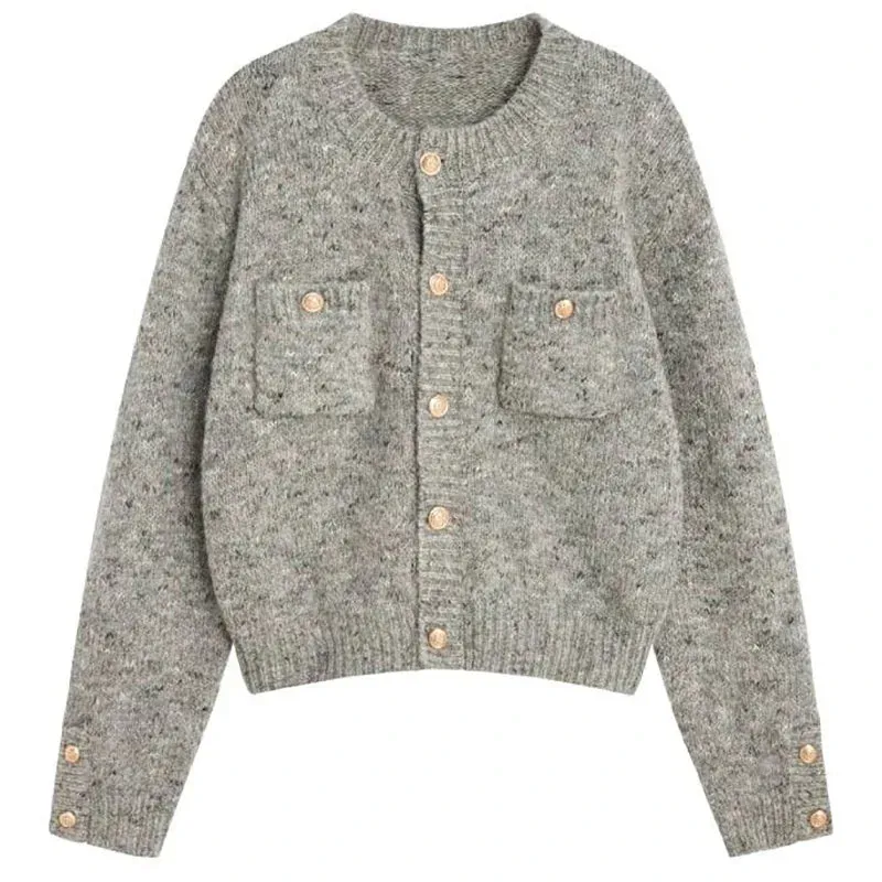Cozy Charcoal Knit Cardigan Long Sleeve V-Neck Office Sweater
