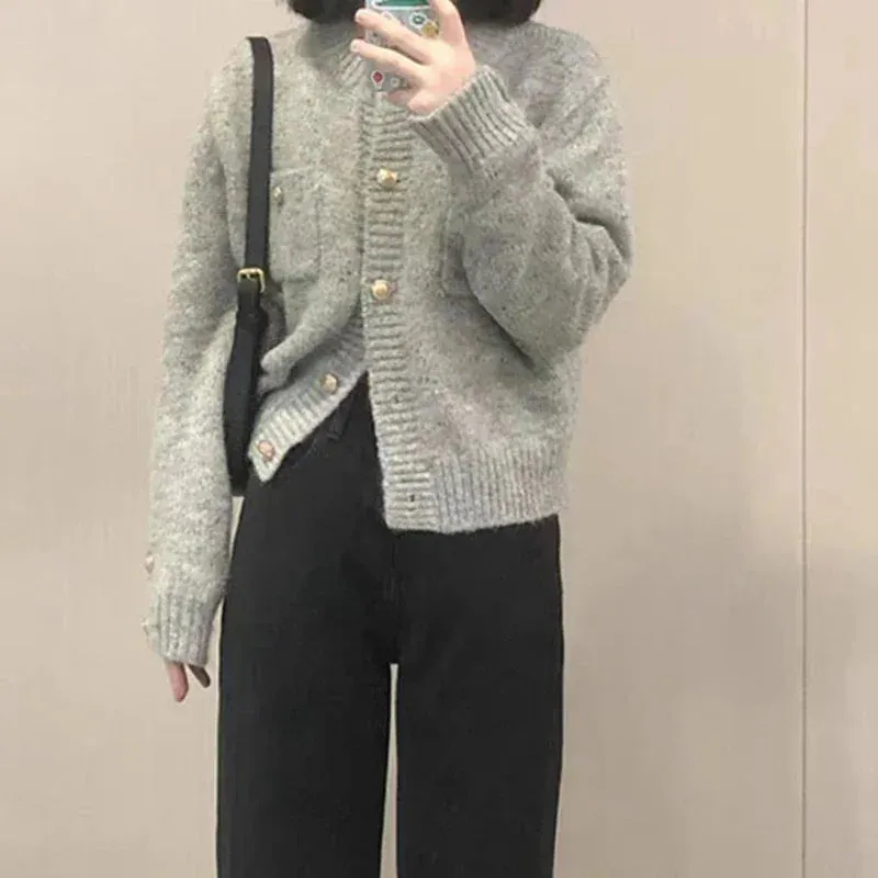 Cozy Charcoal Knit Cardigan Long Sleeve V-Neck Office Sweater