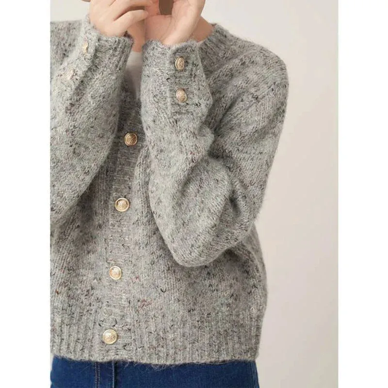 Cozy Charcoal Knit Cardigan Long Sleeve V-Neck Office Sweater