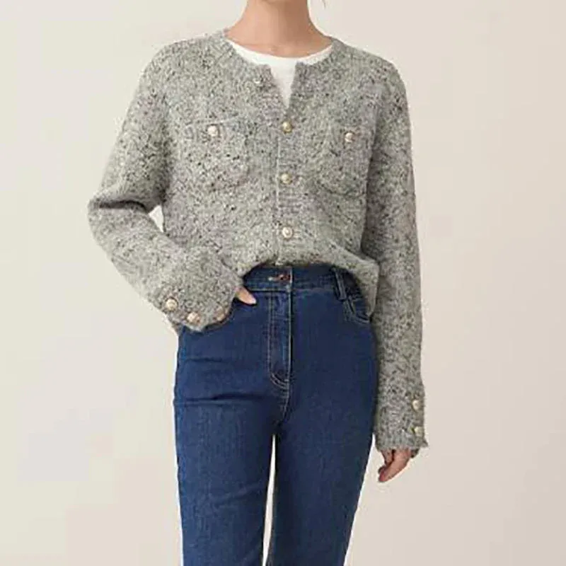 Cozy Charcoal Knit Cardigan Long Sleeve V-Neck Office Sweater