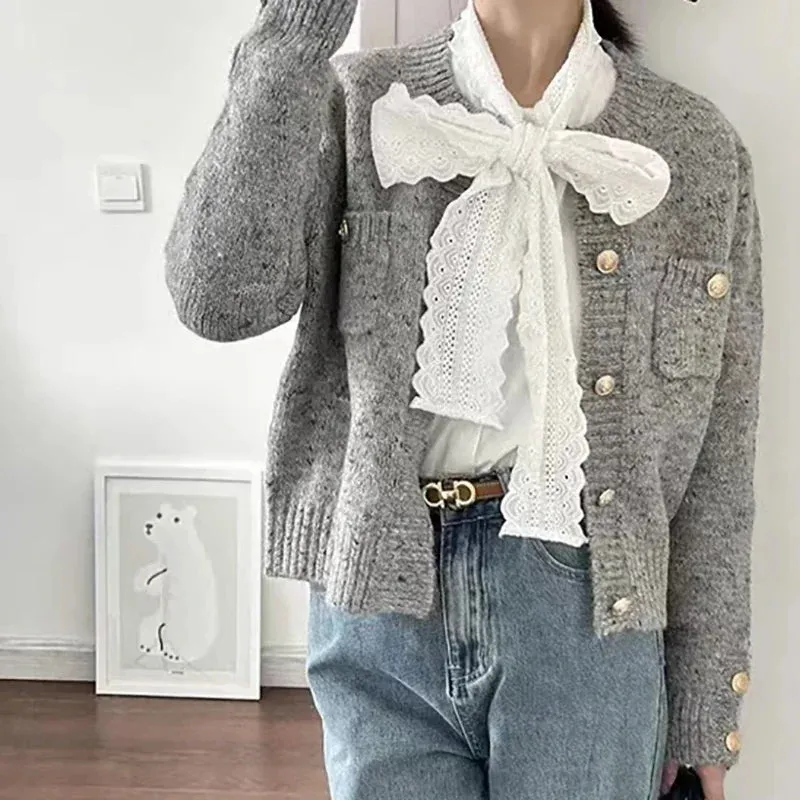 Cozy Charcoal Knit Cardigan Long Sleeve V-Neck Office Sweater