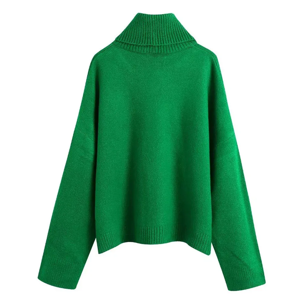 Cozy High Neck Ribbed Sweater Loose Knit Long Sleeve Pullover