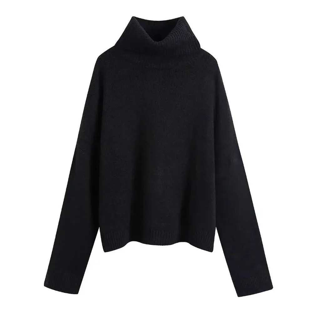 Cozy High Neck Ribbed Sweater Loose Knit Long Sleeve Pullover