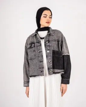 CROPPED DENIM JACKET -DARK GRAY