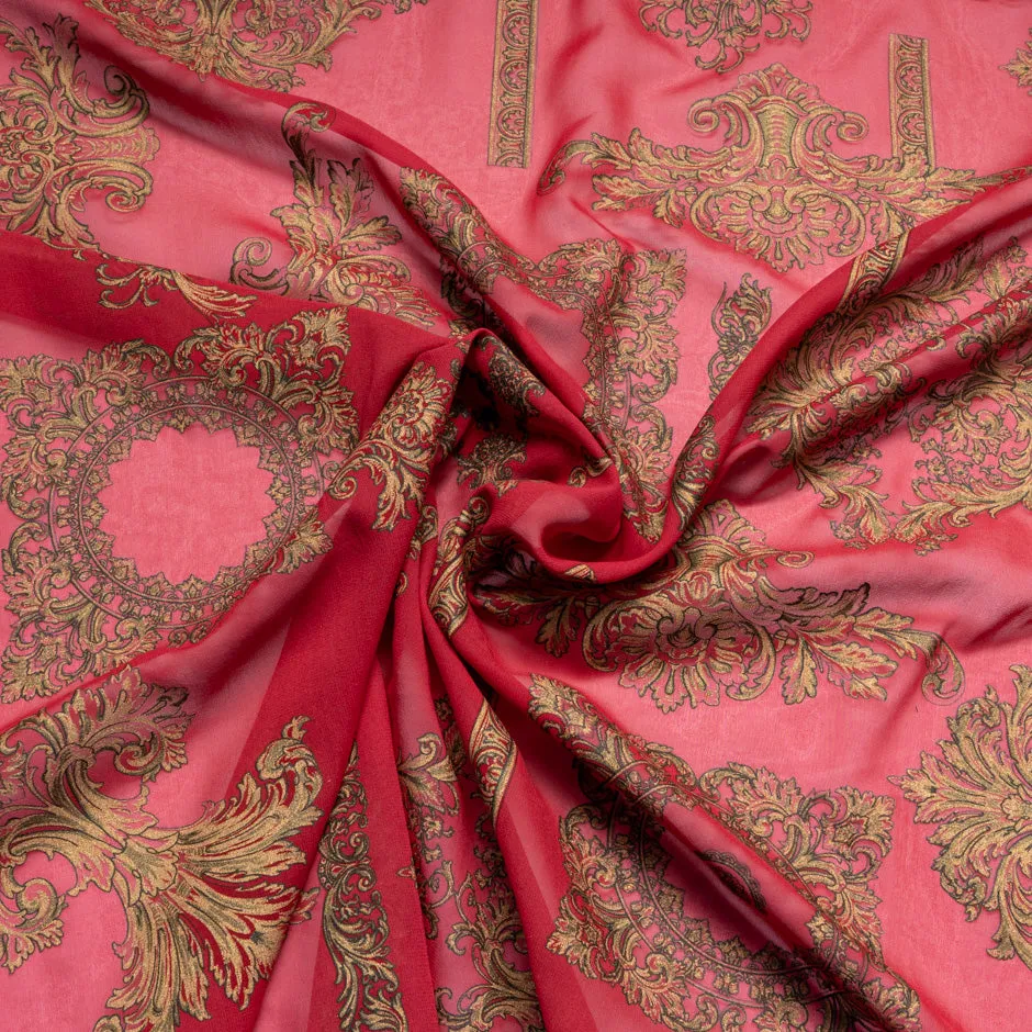 Deep Gold Printed Garnet Red Silk Georgette