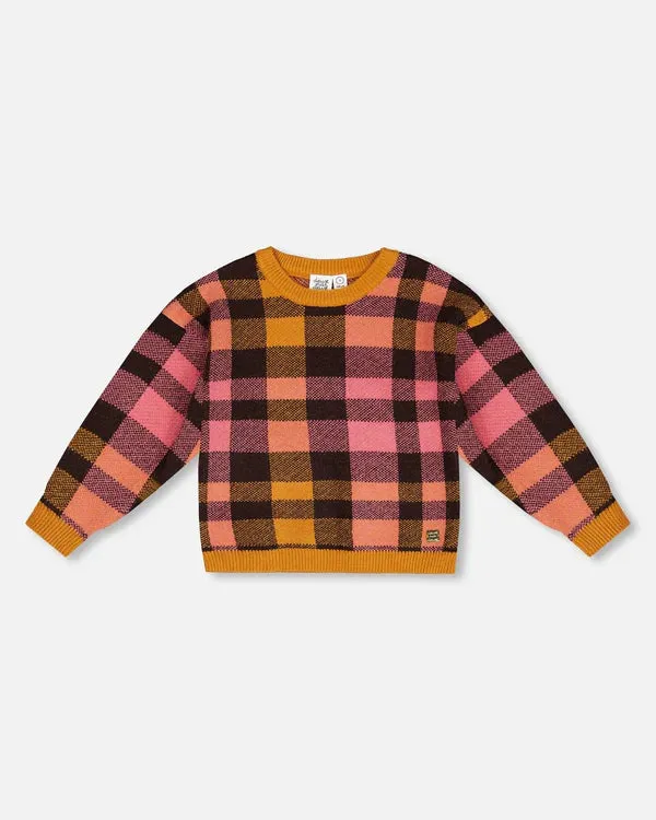 Deux Par Deux Girls Knit Sweater  G20HT70  Plaid Pink & Brown *