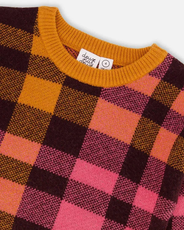Deux Par Deux Girls Knit Sweater  G20HT70  Plaid Pink & Brown *