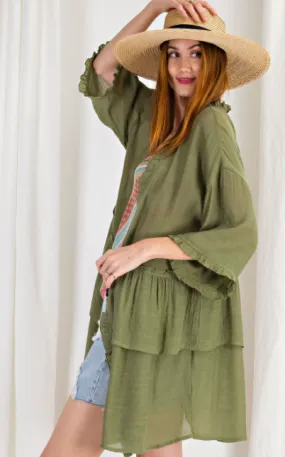 Fresh Olive Ruffle Kimono