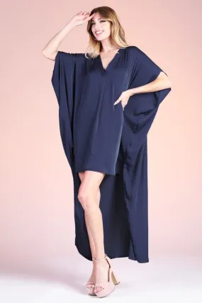 Navy Washed Poly Silk Notched High Low Caftan Dress