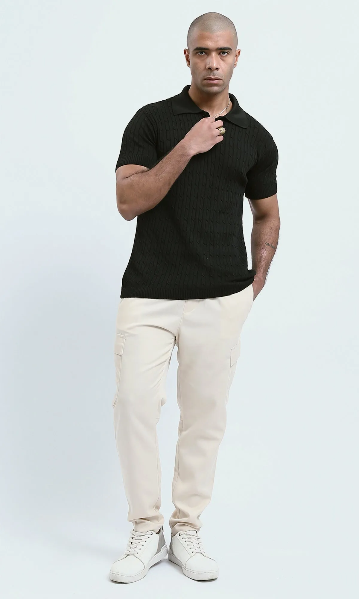 o183060 - Relaxed Fit Black Solid Buttoned Polo Shirt