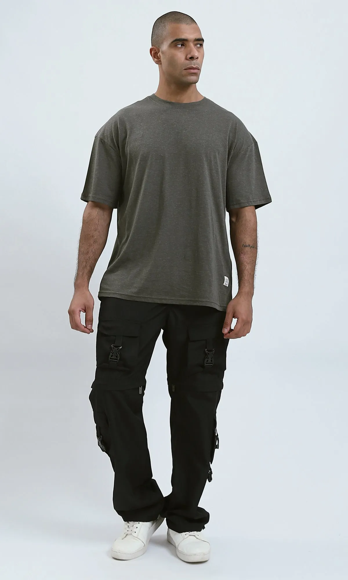 O192450 - Round Neck Heather Dark Khaki Slip On Tee