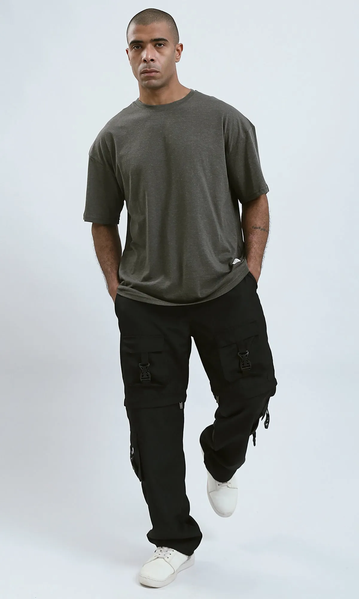 O192450 - Round Neck Heather Dark Khaki Slip On Tee