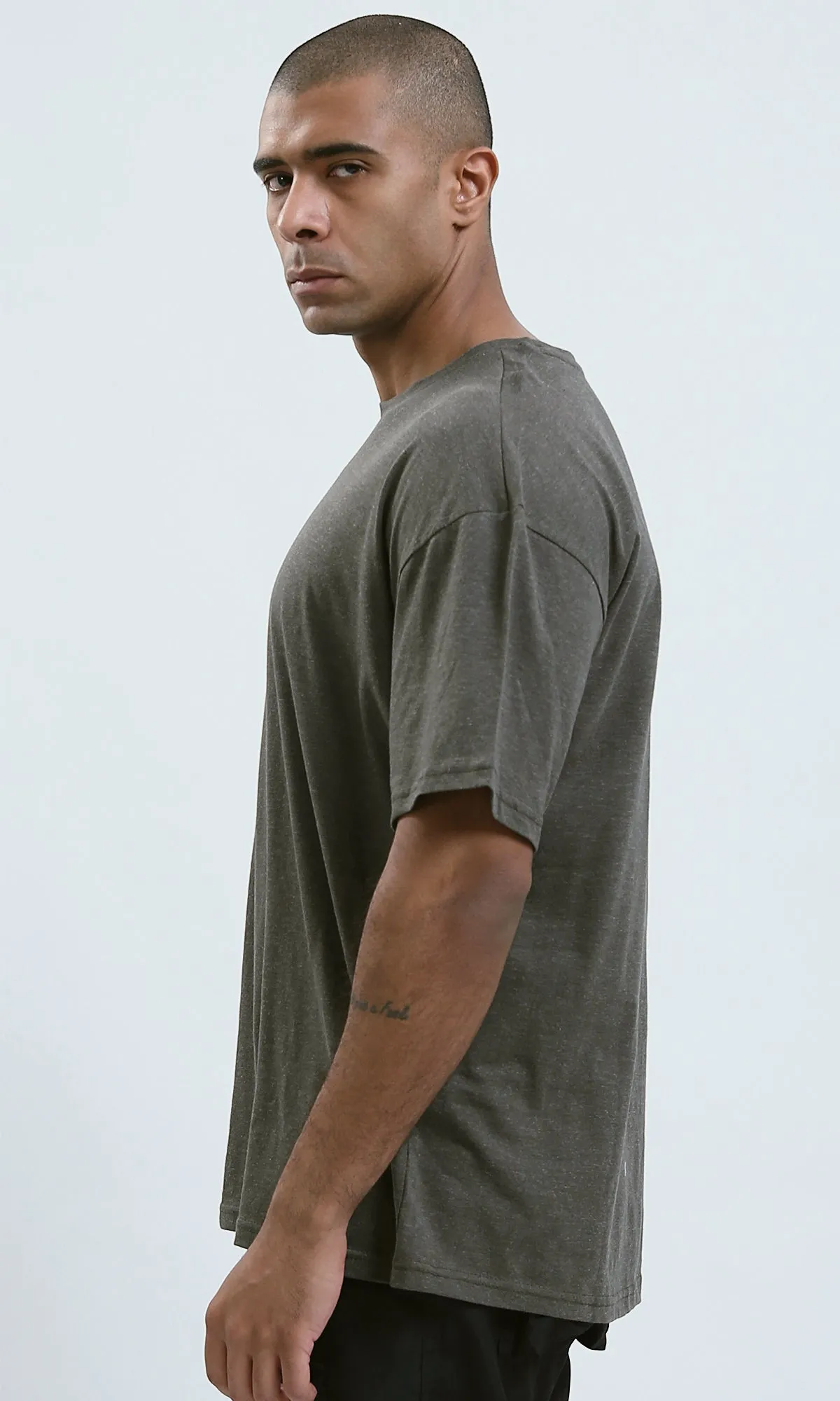 O192450 - Round Neck Heather Dark Khaki Slip On Tee