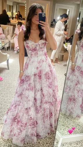 Pink A-Line Chiffon Floral Evening Party Dress, Senior Prom Dress,LTP3435
