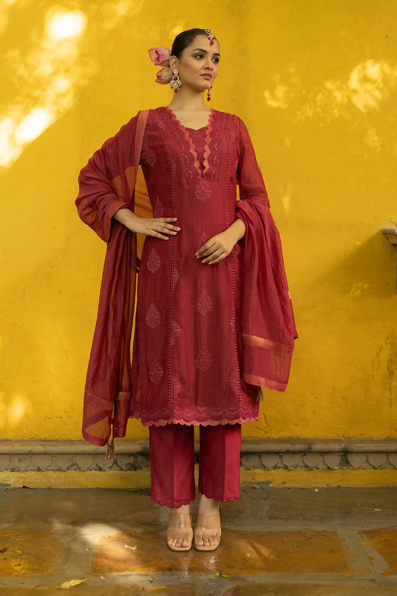 Soft Chanderi Embroidered Suit with Scallop Neck