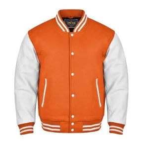 Spine Spark Orange Wool Varsity Jacket White Leather Sleeves