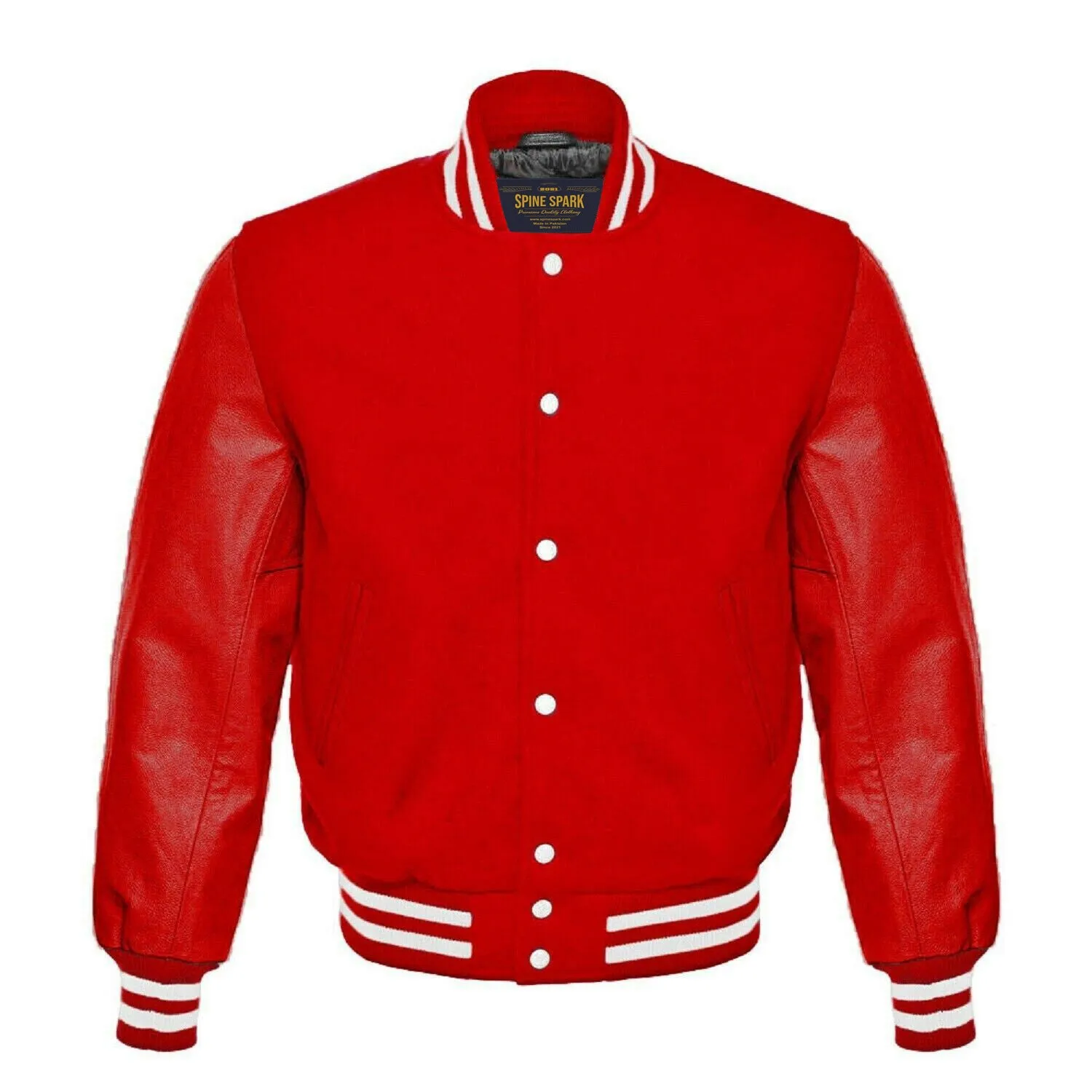 Spine Spark Red Wool Varsity Jacket Red Leather Sleeves