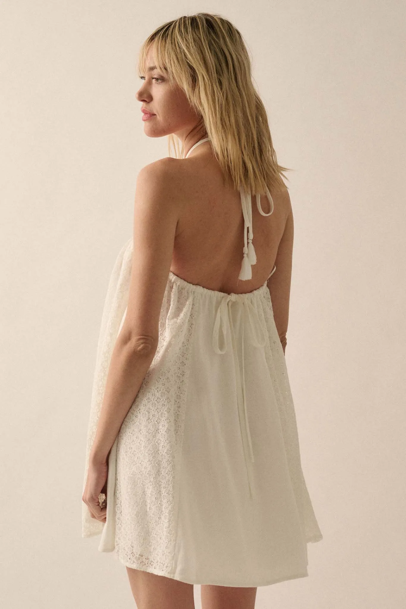 Starting Fresh Lace-Panel Mini Halter Swing Dress