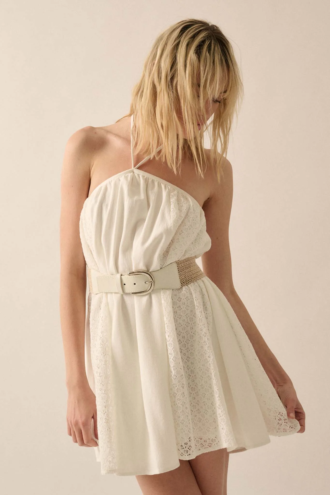 Starting Fresh Lace-Panel Mini Halter Swing Dress