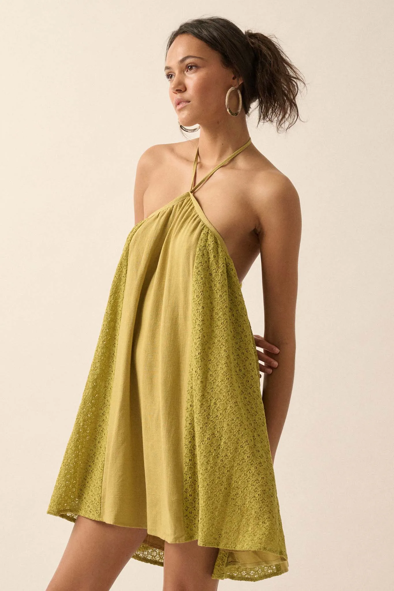 Starting Fresh Lace-Panel Mini Halter Swing Dress