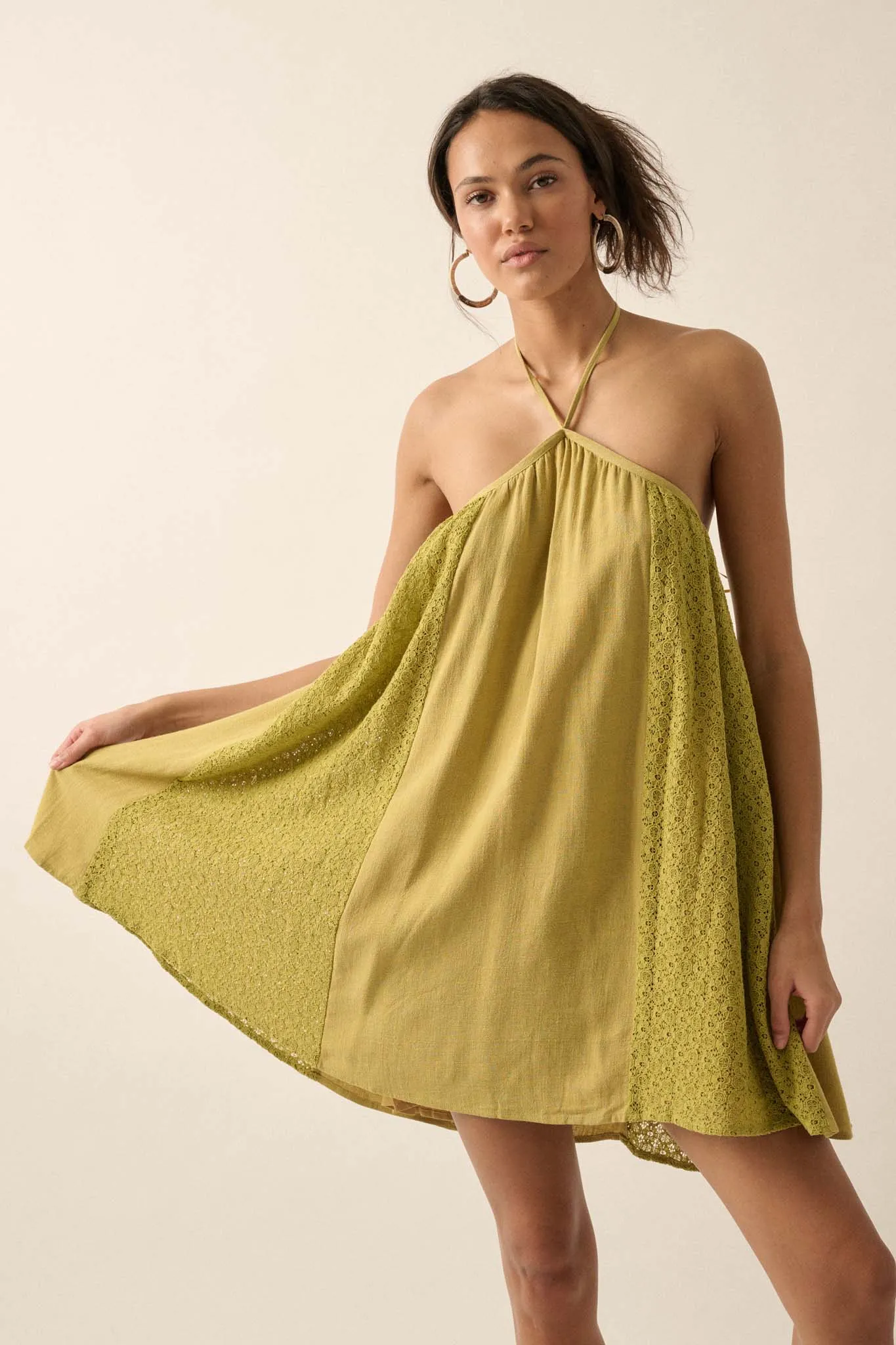 Starting Fresh Lace-Panel Mini Halter Swing Dress