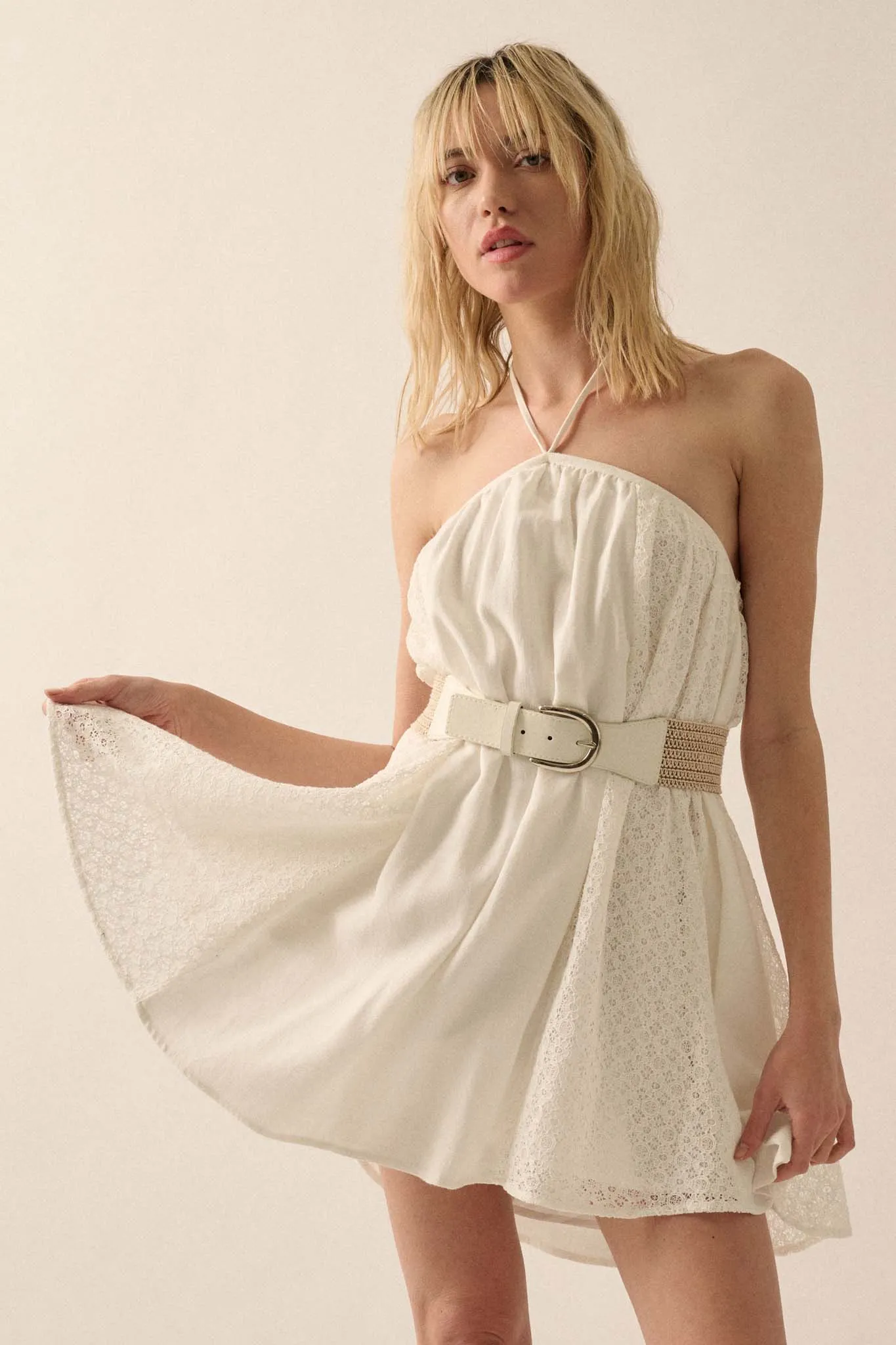Starting Fresh Lace-Panel Mini Halter Swing Dress