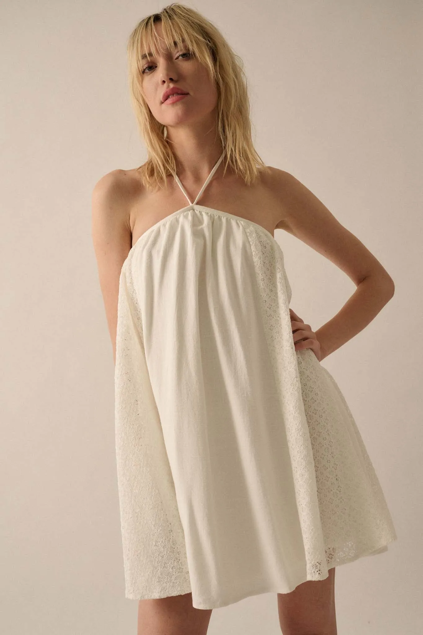 Starting Fresh Lace-Panel Mini Halter Swing Dress
