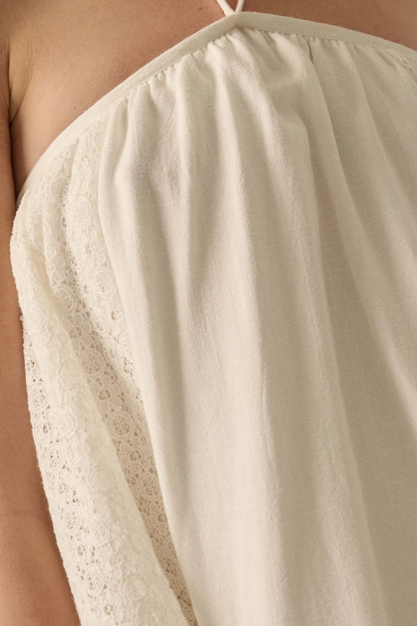Starting Fresh Lace-Panel Mini Halter Swing Dress