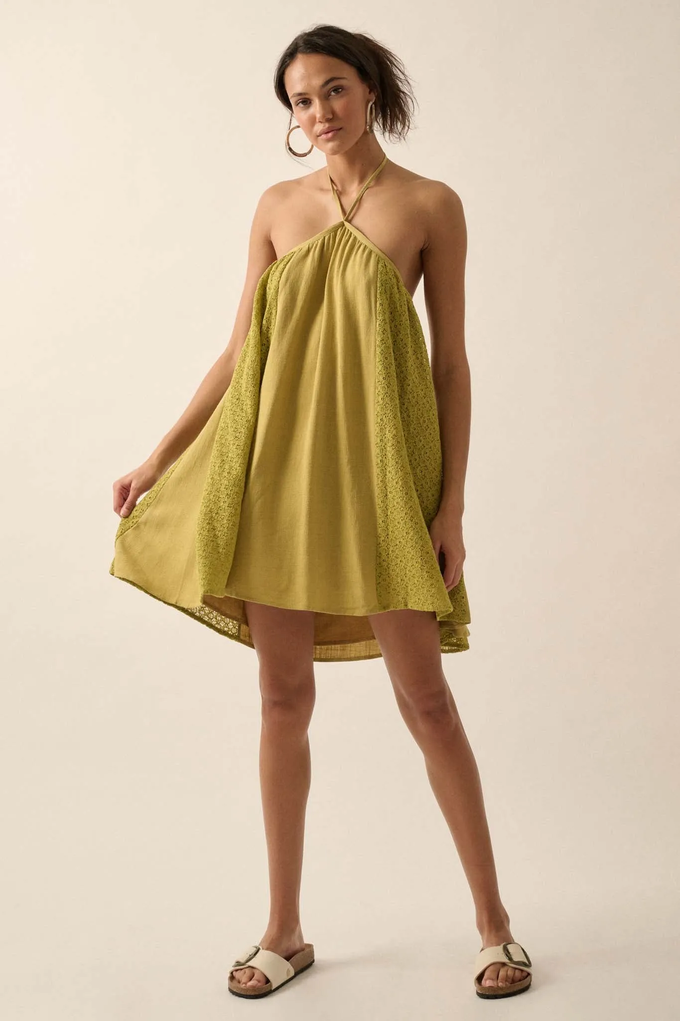 Starting Fresh Lace-Panel Mini Halter Swing Dress