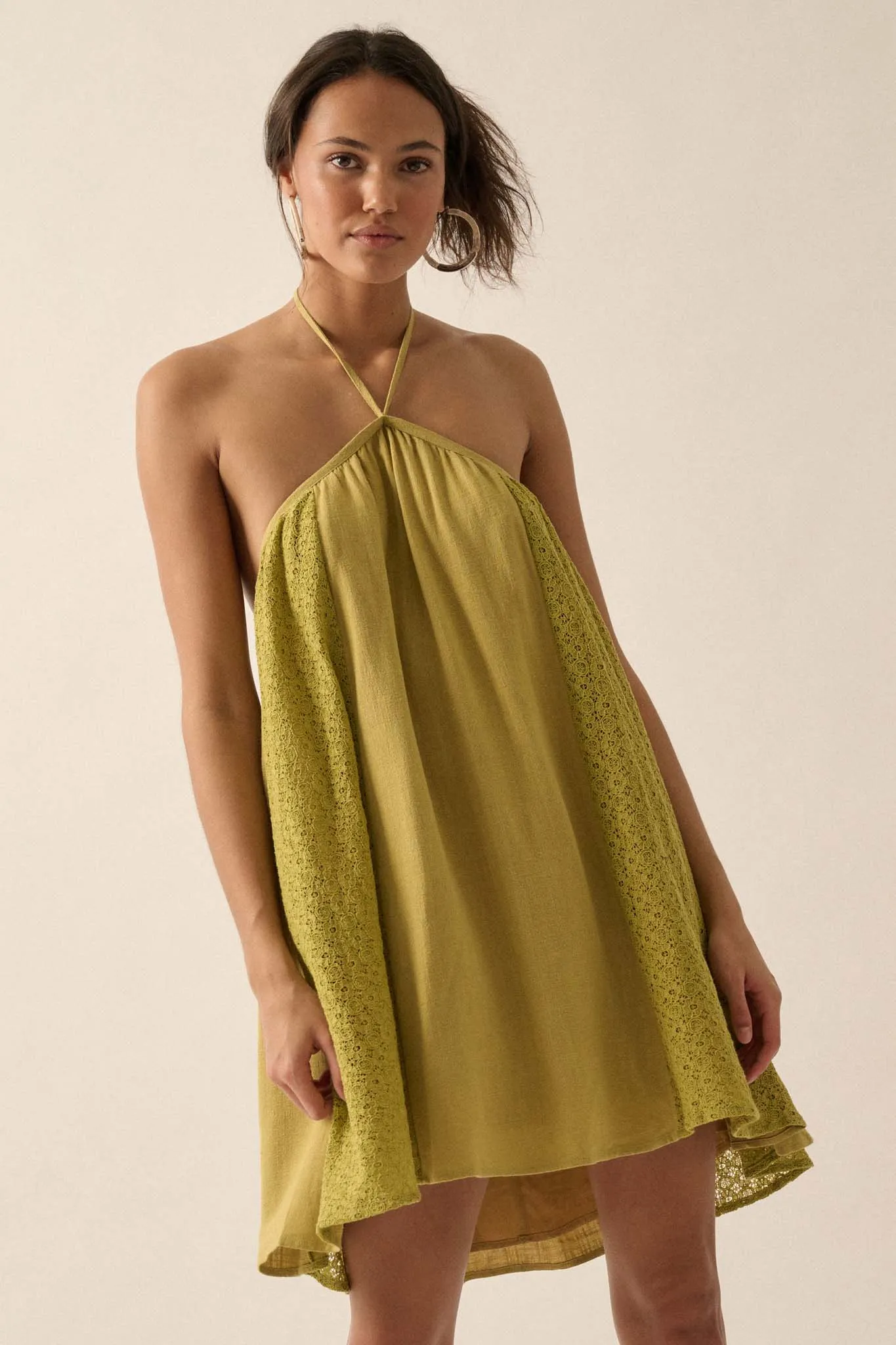 Starting Fresh Lace-Panel Mini Halter Swing Dress