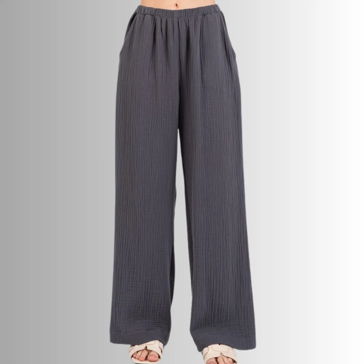 Triple Gauze Cotton Pants in Charcoal Grey
