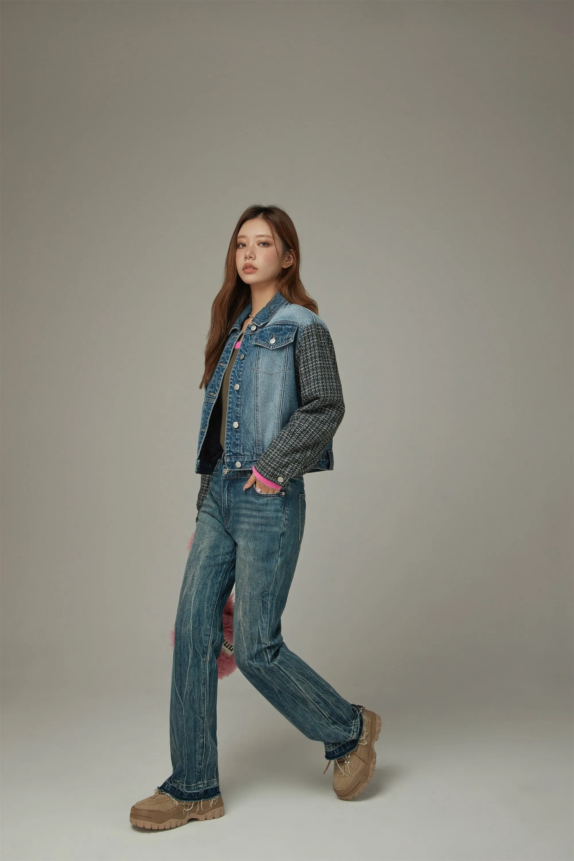 Tweed Sleeves Pocket Denim Jacket