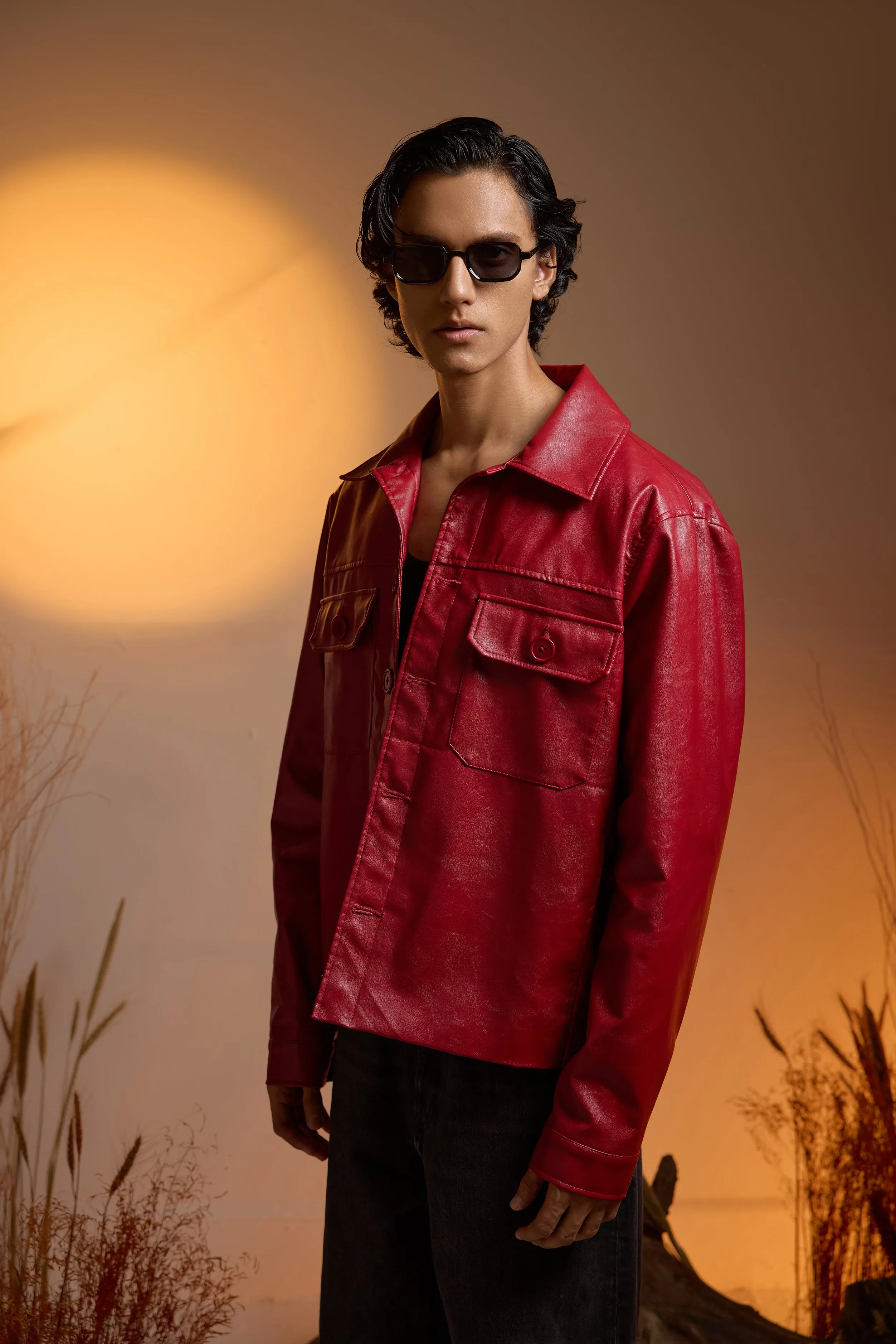 Utility Oversized Faux Leather Jacket-Cherry Red-Men