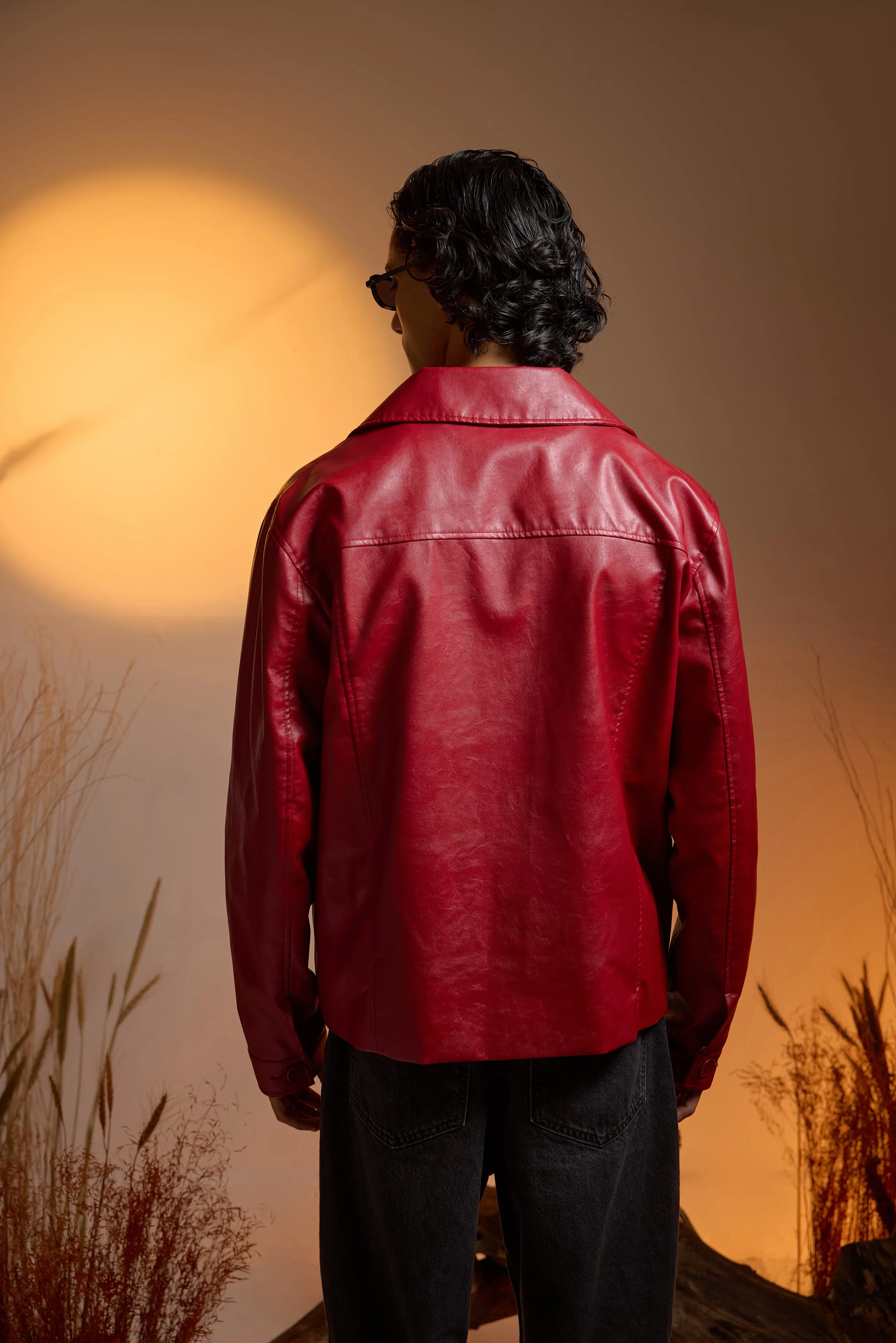 Utility Oversized Faux Leather Jacket-Cherry Red-Men